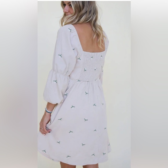 DAVI & DANI Corduroy Fabric embroidered Bib floral print Mini Dress in cream tan - Picture 10 of 11